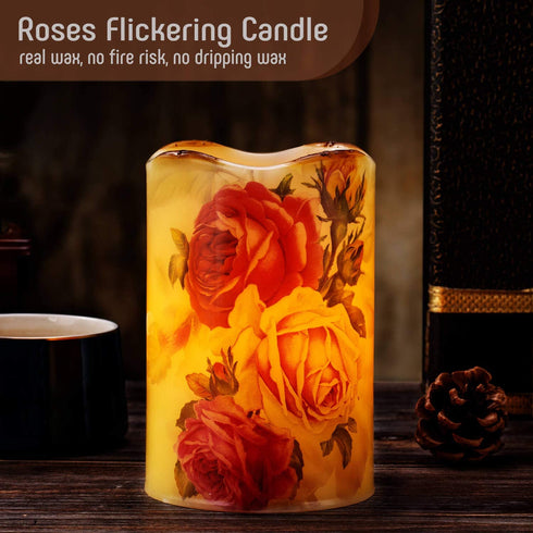 Flameless Candle Flickering Rustic Roses Battery Operated LED Candle Real Wax Pillar with Remote Timer, Home Decor Dripless Flower Candle