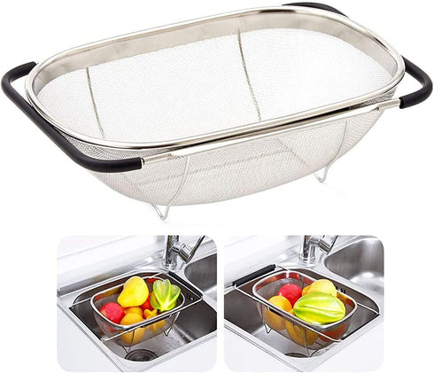 Over The Sink Stainless Steel Oval Colander with Expandable Rubber Grip Handles Strainers, Fine Mesh Strainer Basket Kitchen 6 Quart Colander for Strain, Drain, Rinse Fruits, Vegetables