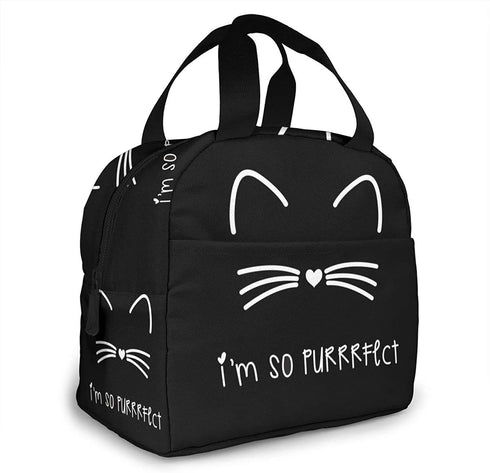 Black cat Lunch Bag Insulated Lunch Box with Front Pocket Reusable Tote Bag For Office Work Picnic Travel Shopping