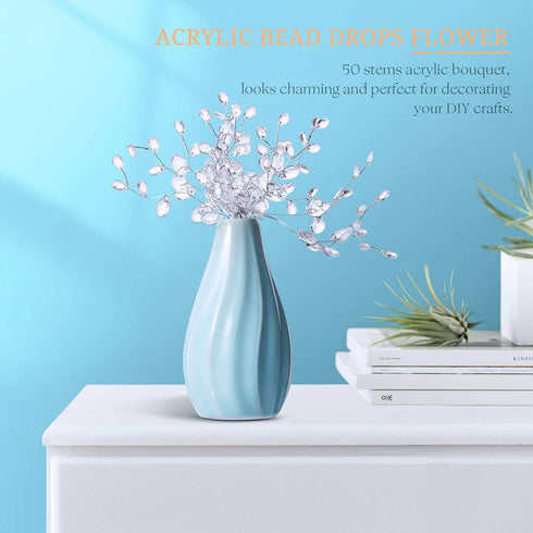 VOSAREA 50 Stems Artificial Bouquets Acrylic Bead Drops Flower Branches Bead Sprays for Wedding DIY Crafts (White, 17cm)