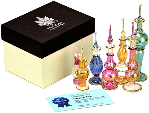 NileCart Egyptian Perfume Bottles 2-5 in Collection Set of 6 Mouth-Blown Decorative Pyrex Glass with Handmade Golden Egyptian Decoration for Perfumes & Essential Oils