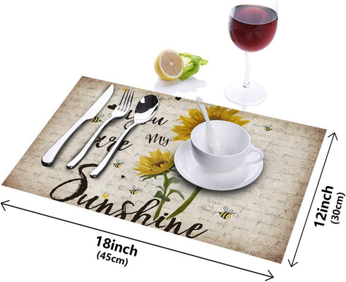 ARTSHOWING Set of 6 Placemats Heat-Resistant for Dining Table Linen Table Mats Rustic Sunflower Rectangle Pad Placemat 12 x 18 Inch - You are My Sunshine