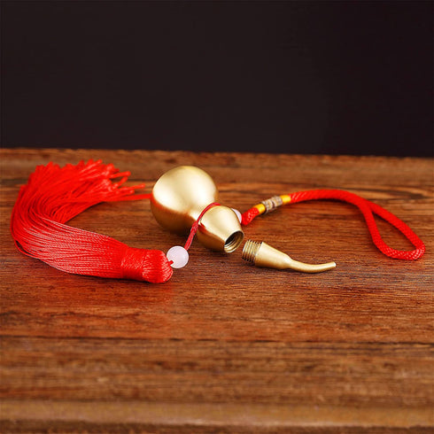 PAKUNDAS Feng Shui Brass Wu Lou Golden Gourd with Red Luck Strip Treasure Pendant for Bedroom,Car Hanging Ornaments,Fortune Protection,Hu Lu Bring Good Luck Safty Success,2.75inch Tall,100% Brass