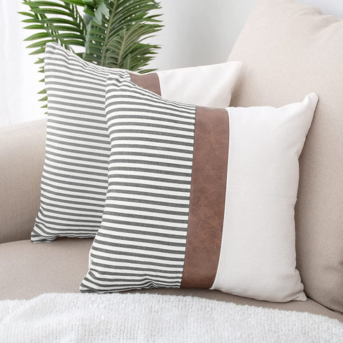 HOMFINE Farmhouse Throw Pillow Covers 18 x 18 - Decorative Accent Pillow Cover Set of 2 , Modern Decor Stripe Faux Leather Patchwork Square Cushion Pillow Case for Couch Sofa, Grey