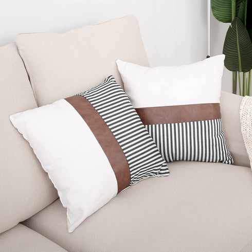 HOMFINE Farmhouse Throw Pillow Covers 18 x 18 - Decorative Accent Pillow Cover Set of 2 , Modern Decor Stripe Faux Leather Patchwork Square Cushion Pillow Case for Couch Sofa, Grey