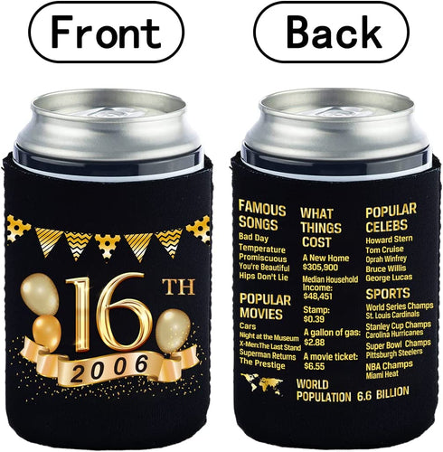 Yangmics 16th Birthday Can Cooler Sleeves Pack of 12-2006 Sign - 16th Birthday Party Supplies - 16th Anniversary Decorations - Black and Gold Sixteenth Birthday Cup Coolers