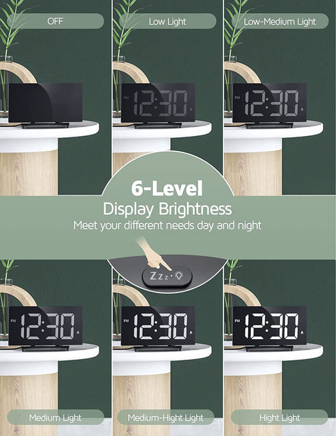 Digital Alarm Clocks for Bedrooms, Ultra-Clear Curved Screen Bedside Clock with 6 Brightness Levels,Snooze,12H/24H Format, Adjustable Volume,3 Alarm Sounds for Nightstand Office Living Room,White