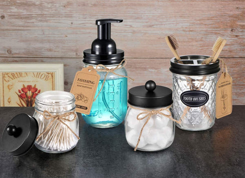 Mason Jar Bathroom Accessories Set 4 Pack - Foaming Soap Dispenser&2 Qtip Holders&Toothbrush Holder-Rustic Farmhouse Decor Bathroom Organizer Apothecary Jar Country Countertop (Black)
