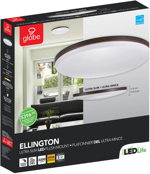 Globe Electric Ellington LED Integrated Flush Mount Ceiling Light, Dark Bronze Finish, Frosted Shade, Energy Star Certified, Ultra Slim Design