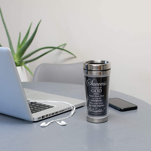 Success in God John 15:5 Black 16 Oz. Stainless Steel Insulated Travel Mug with Lid