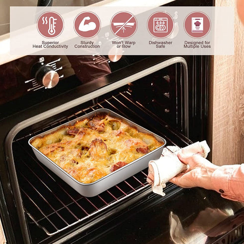 9 x 9-Inch Baking Pan with lid, E-far Square Cake Brownie Baking Pans Stainless Steel Bakeware Set of 2, Non-toxic & Healthy, Easy Clean & Dishwasher Safe - 4 Pieces(2 Pans + 2 Lids)