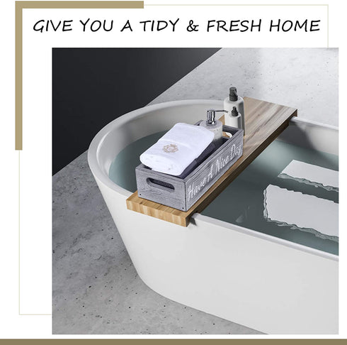 Emibele Bathroom Decor Box, 1 Pack Toilet Paper Holder Diaper Organizer, Rustic Wooden Farmhouse Bathroom Box, Toilet Tank Tray with Handle Funny Signs Home Decor for Counter Table and Kitchen, Gray