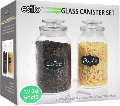 estilo Round Glass Canister Jars With Airtight Lids Ideal for Cookies, Candies, Cereal, Includes Chalkboard Labels And Chalk-1/2 Gallon (Set of 2), Clear