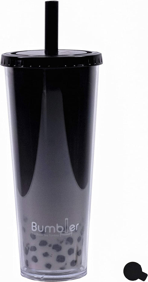 BUMBLER Original Boba Tea Tumbler - Black - SMOOTHFlow Wide Smoothie Straw & Plug - Upgraded Durability - Keeps Drinks Cold/Hot - 2x Vacuum Insulated Pearl Milk Bubble Tea Cup - 24 Oz Tumbler