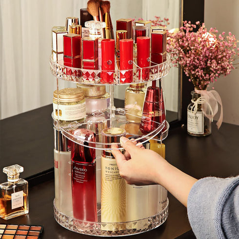 Rotating Cosmetic Storage and Organizer - 360° Spinning Clear Makeup Organizer with Adjustable Trays and Thicker Shelves for Bathroom, Powder room, Bedroom