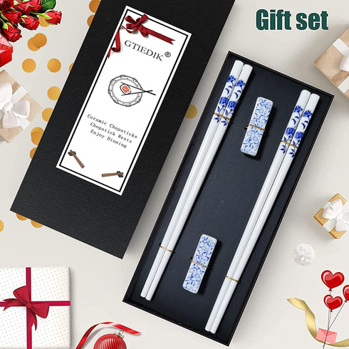Ceramic Chopsticks reusable with Porcelain Holder and Delicate Box Reusable Chopsticks and Dishwasher Safe,Porcelain Chopsticks (2 Pairs Blue rose)