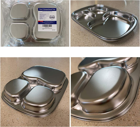 Korean Stainless Steel Divided Plates by KS&E, Kids Toddlers Babies Tray, BPA Free, Diet Food Control, Camping Dishes, Compact Serving Platter, Dinner Snack, 3 Compartment Plate Silver, Set of 2