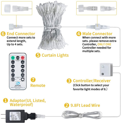 Brightown Hanging Window Curtain Lights 9.8 Feet Dimmable, Connectable with 300 Led, Remote, 8 Lighting Modes, Timer for Bedroom Wall Party Indoor Outdoor Decor, Pure White (Curtain is Not Included)