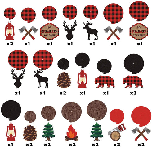 Levfla 30CT Lumberjack Party Hanging Swirls Decoration Buffalo Plaid Kids Birthday Photo Props Camping Ideas Bears Cutouts S'More Fun Door Whirls Signs Baby Shower Favor Supplies