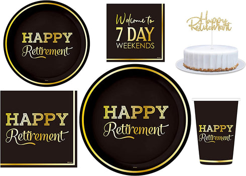 Serves 30 Happy Retirement Complete Party Pack 9" Dinner Paper Plates 7" Dessert Paper Plates 12 oz Cups 3 Ply Napkins Cake Topper Happy Retirement Party Theme
