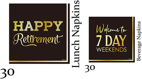 Serves 30 Happy Retirement Complete Party Pack 9" Dinner Paper Plates 7" Dessert Paper Plates 12 oz Cups 3 Ply Napkins Cake Topper Happy Retirement Party Theme