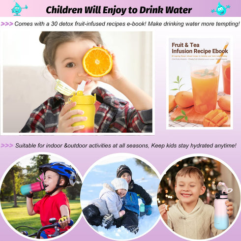 12 oz Insulated Kids Water Bottle with Straw/Chug/2 One-Click-Open Lids 10 Stickers Fruit Strainer Stainless Steel Water Bottles Double Wall Vacuum Wide Mouth BPA Free Sweat & Leak-Proof for School
