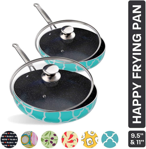 Kitchenly Nonstick Frying Pans with Lids - Granite Frying Pans with Stone Coating | Nonstick Skillet Cooking Pan Set | Electric, Gas, & Induction Compatible | 9.5 & 11 inch Pans | Turquoise - 2 Pack