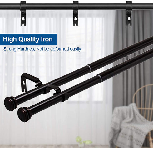 8 PCS Double Curtain Rod Brackets, Heavy Duty Curtain Rod Holders for 1and 5/8 Rod, Adjustable Double Rod Holders Hardware for Window, Bedroom, Home Curtain Rods, Drapery Rod(Black)