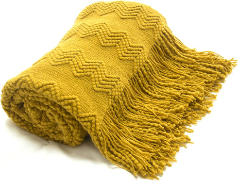 JibHome Knitted Throw Blankets for Couch and Bed, Soft Cozy Knit Blanket with Tassel, Yellow Lightweight Decorative Blankets and Throws, Farmhouse Warm Woven Blanket for Men and Women(Yellow)