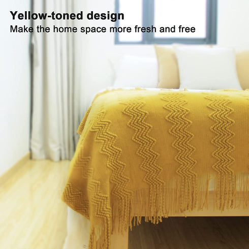 JibHome Knitted Throw Blankets for Couch and Bed, Soft Cozy Knit Blanket with Tassel, Yellow Lightweight Decorative Blankets and Throws, Farmhouse Warm Woven Blanket for Men and Women(Yellow)