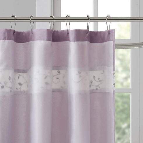 Serene Flora Fabric Shower Curtain , Embroidered Transitional Shower Curtains for Bathroom , 72 X 72 , Purple
