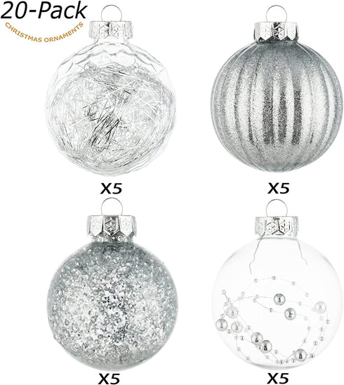 80mm/3.15" Shatterproof Christmas Ball Ornaments,Clear Plastic Decorative Christmas Balls Hanging Xmas Tree Baubles Set with Stuffed Delicate Glittering Decorations(Silver)