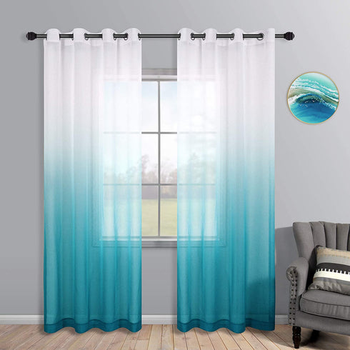 Teal Curtains 84 Inch Length for Bedroom Decor Pair Set 2 Panels Ombre Aqua Blue Turquoise Gradient Grommet Semi Drapes Transparent Window Sheer Beach Curtains for Living Room Girls Dining 52x84 Long
