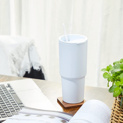 COKTIK 30oz Pastel Colored Acrylic Cups with Lids and Straws, Double Wall Matte Reusable Plastic Tumblers,Large Capacity for Parties, Birthdays(White,2 pack)