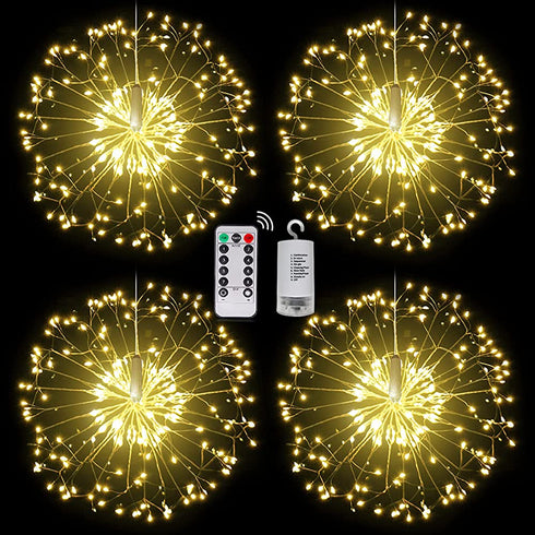 4Pack 200LED Starburst String Lights Christmas Light Copper Wire Battery Operated Hanging Fairy Patio Light with Remote Wedding Christmas Decorative Lights White Dandelion Lights for Party Garden
