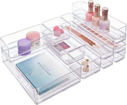STORi Plastic Makeup and Vanity Stackable Drawer Organizers | Perfect for Makeup Brushes and Palettes, Beauty Accessories, Office Supplies, Craft, and Kitchen | 10 Piece Set | Clear