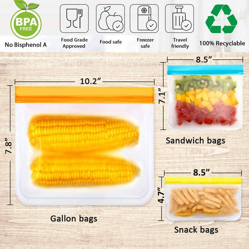 Reusable Storage Bags, 20 Pack BPA Free PEVA Reusable Freezer Bags,Reusable Gallon Bags, Reusable Sandwich Bags, Silicone Food Bags for Women, Men and Kids (20Pack-8 Gallon +6 Sandwich +6 Snack)
