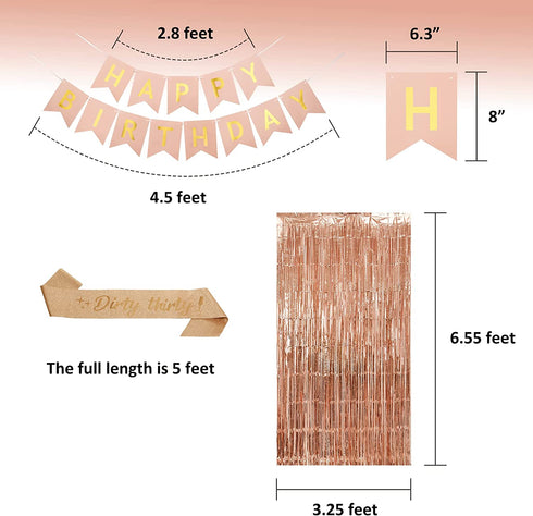 30th Birthday Decorations Set - Happy 30th Birthday Decorations with Happy Birthday Banner, Rose Gold Foil Curtains, Dirty 30 Balloons Kit, Rose Gold Sash - 30th Birthday Decorations for Her