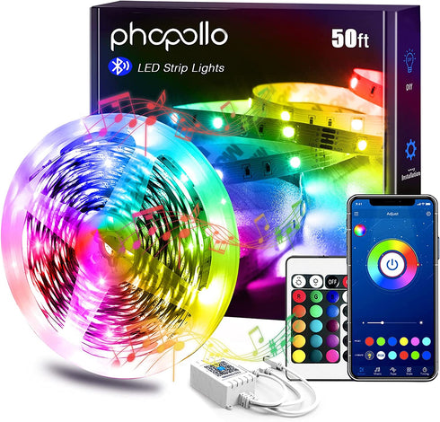 PHOPOLLO Led Lights 50ft for Bedroom Smart Work with Music sync Color Changing Led Tape 24 Key Remote Flexible 5050 Led Ribbon