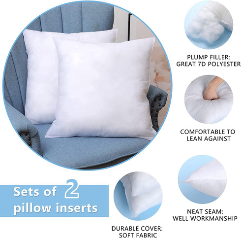 Throw Pillow Inserts - 16 x 16 Inches Decorative Pillows Inserts Set of 2, Premium Hypoallergenic Couch Pillows, Throw Pillows for Couch Bed Sofa - White