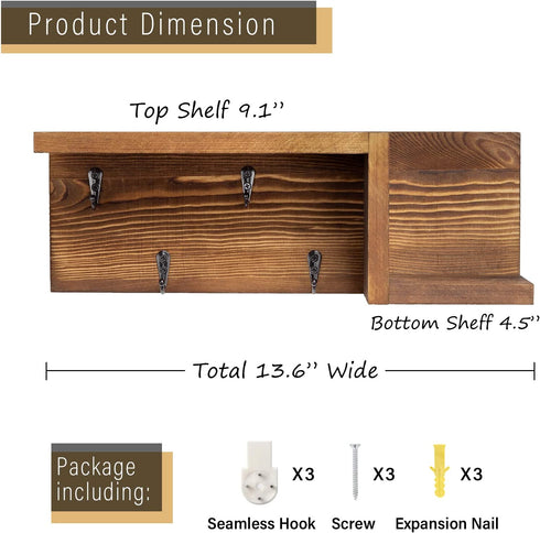 AKKO Wooden Key Holder for Wall Decorative Mail and Key Holder Organizer with 4 Key Hooks and œZ? Shape Wall Mount Floating Shelf ,Rustic Home Decor for Wall, Entryway, Mudroom, Bathroom
