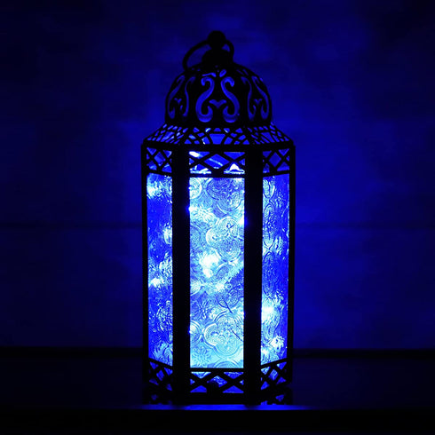 Vela Lanterns Moroccan Candle Lantern Decorative Holder with Blue LED Fairy String Lights, Medium