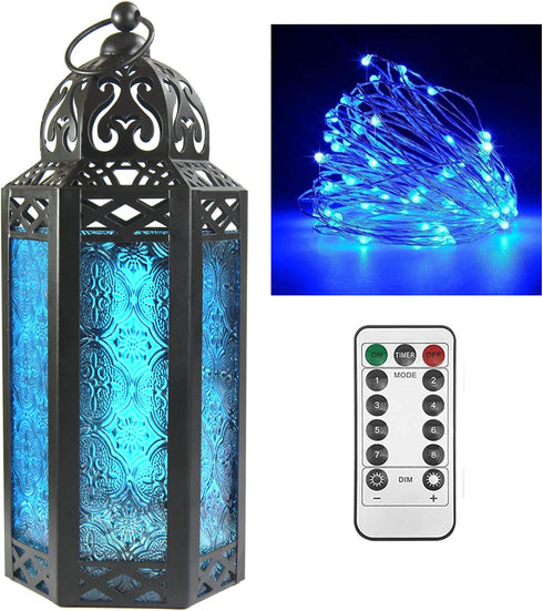 Vela Lanterns Moroccan Candle Lantern Decorative Holder with Blue LED Fairy String Lights, Medium