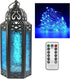 Vela Lanterns Moroccan Candle Lantern Decorative Holder with Blue LED Fairy String Lights, Medium