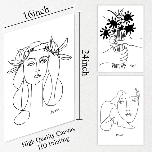 Picasso Canvas Paintings Picasso Line Art Prints Picasso Wall Canvas Prints Picasso Prints for Wall Decor Picasso Line Art Poster Living Room Decor Picasso Black and White Wall Art room Decor 16X24inchx3 Unframed