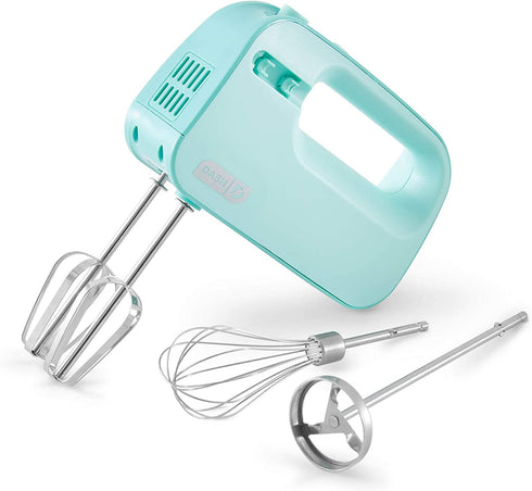 Dash SmartStore Deluxe Compact Electric Hand Mixer + Whisk and Milkshake Attachment for Whipping, Mixing Cookies, Brownies, Cakes, Dough, Batters, Meringues & More, 3 Speed, 150-Watt Aqua