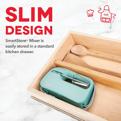 Dash SmartStore Deluxe Compact Electric Hand Mixer + Whisk and Milkshake Attachment for Whipping, Mixing Cookies, Brownies, Cakes, Dough, Batters, Meringues & More, 3 Speed, 150-Watt Aqua