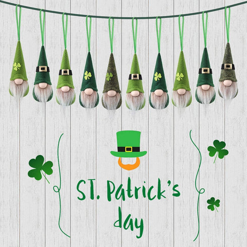 St Patrick Day Hanging Gnome Ornaments Set of 10, Irish Gnomes Handmade Leprechaun Elf Tomet DecorationsSpring Gnome Lucky Clover Hanging Ornament