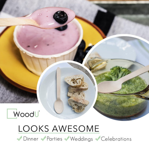 WoodU Disposable Wooden Spoons Natural Birch Wood Biodegradable and Compostable Utensils Cutlery for Party and Dinner- Smooth and round surface (Spoon 200 Pack)