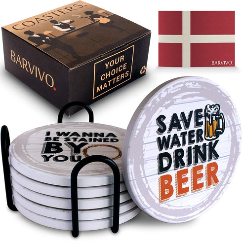 BARVIVO Funny Ceramic Coasters for Drinks Absorbent Set of 6 with Holder - Instantly Absorbing Condensation - Perfect Drink Coasters for Wooden Table Protection with Scratch Preventing Cork Bottom